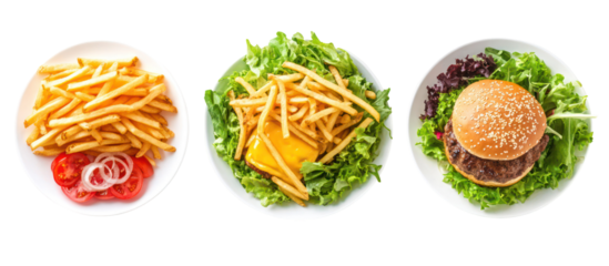Three oval dishes of fast food including french fries and a burger isolated on transparent background