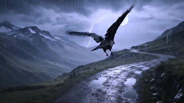 Black Bird - Raven or Crow - Flying Over Mountains in the Night Stormy Cloudy Skies with Rain and Lightnings - 03 - Generative AI
