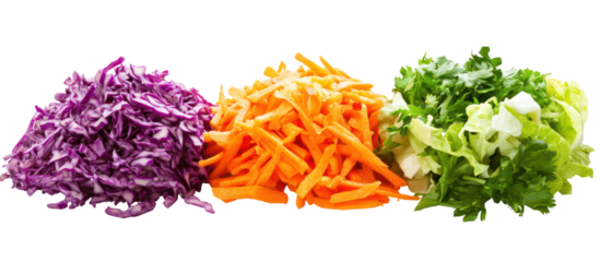 Three piles of shredded vegetables including purple cabbage carrots and lettuce isolated on transparent background