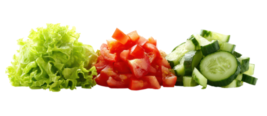 Three piles of chopped fresh vegetables including lettuce tomato and cucumber isolated on transparent background
