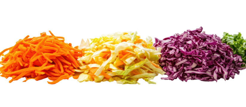 Three piles of shredded vegetables isolated on transparent background