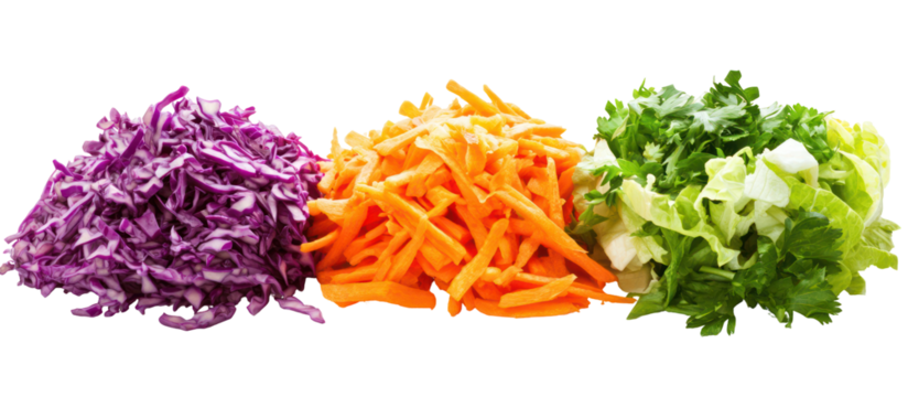 Three piles of shredded vegetables including purple cabbage carrots and lettuce isolated on transparent background