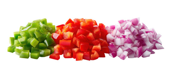 Three piles of chopped vegetables bell pepper tomato and onion isolated on transparent background