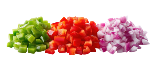 Three piles of chopped vegetables bell pepper tomato and onion isolated on transparent background