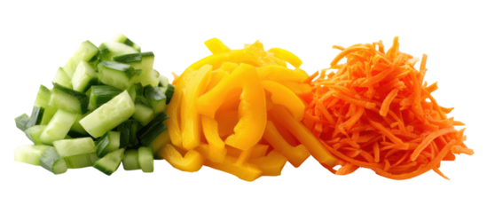 Three piles of chopped vegetables isolated on transparent background