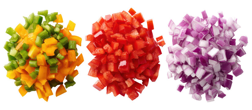 Three piles of chopped vegetables including bell peppers tomatoes and onions isolated on transparent background