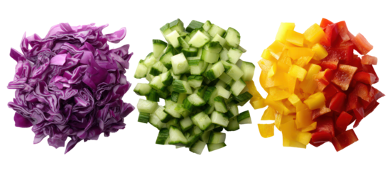 Three piles of chopped vegetables including red cabbage cucumber and bell peppers isolated on transparent background