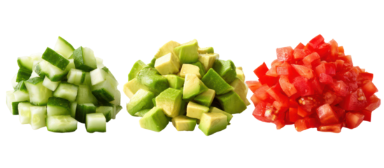 Three piles of diced vegetables including cucumber avocado and tomato isolated on transparent background