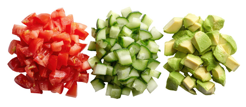 Three piles of diced fresh ingredients including tomatoes cucumbers and avocado isolated on transparent background