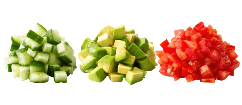 Three piles of diced vegetables including cucumber avocado and tomato isolated on transparent background