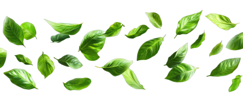 Fresh green basil leaves floating in the air showing natural plant elements