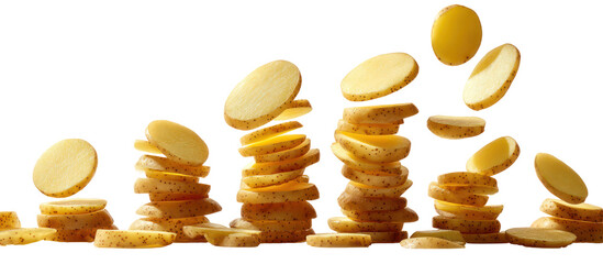 Potato chips stacked and falling isolated on transparent background