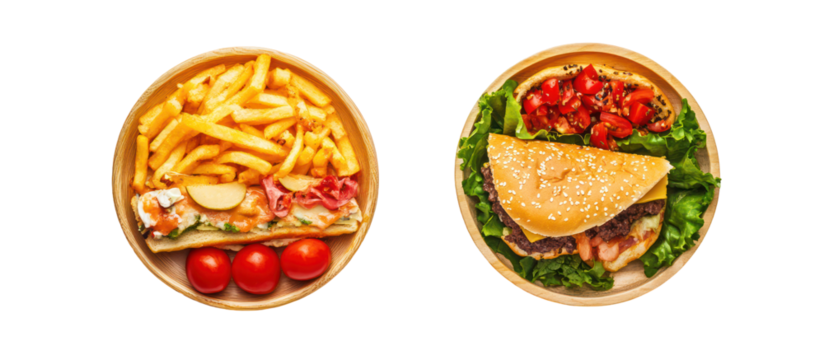 Two oval shaped bento boxes with french fries and a sandwich isolated on transparent background