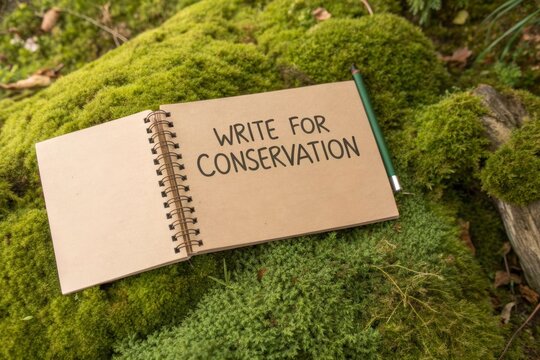 Eco friendly notebook with writing on moss for conservation