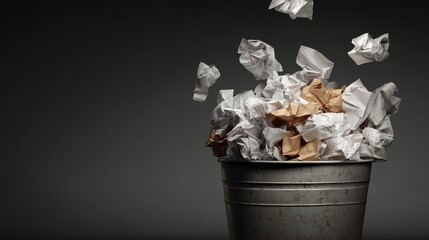Overflowing with Ideas: A metallic bin, brimming with discarded paper, a visual metaphor for the creative process, showcasing the overflow of brainstorming and ideas, with some papers floating out.