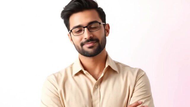 A man with dark hair a beard and glasses smiles facing forward with arms crossed wearing a light-colored collared shirt against a plain white and soft pink gradient background
