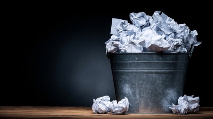 Bucket Overflowing with Crumpled Paper: The image evokes feelings of waste, frustration, and the remnants of ideas. A metallic bucket is filled to the brim with crumpled paper.