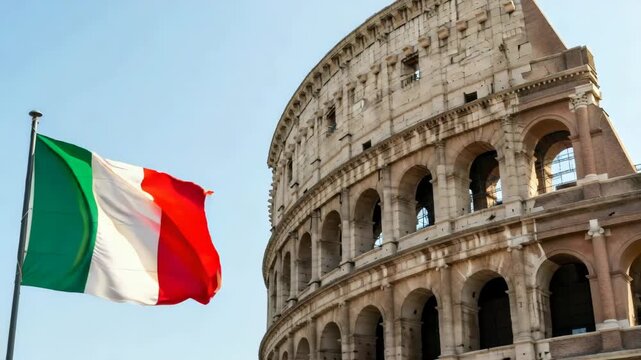 Waving Italian flag near ancient Roman Colosseum landmark building, a patriotic concept for Italys republic day celebration
