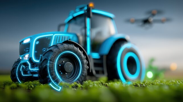 Futuristic farming technology drone-assisted tractor revolutionizing agriculture farms digital art sunset innovation
