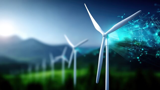 Renewable energy revolution wind turbines in a scenic landscape digital innovation green technology aerial view sustainable future