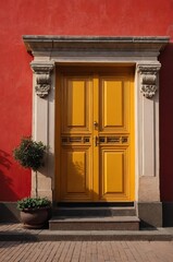 Portrait of yellow door on red wall background, beautiful architecture aesthetic concept