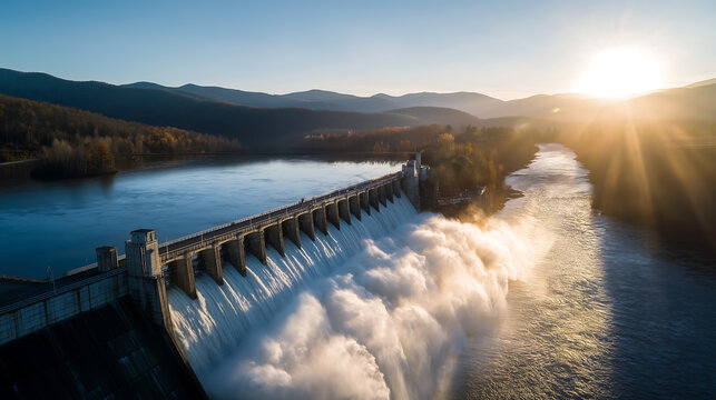 Aerial view of hydroelectric dam and reservoir landscape at sunrise