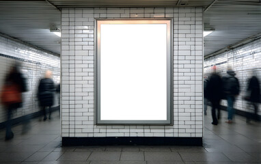 Blank billboard in busy subway station captures attention of hurried commuters for impactful advertising opportunities