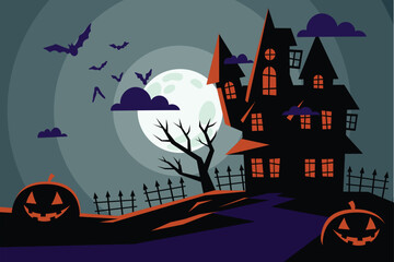 Happy halloween banner or party invitation background with violet fog clouds, ghost and pumpkins
