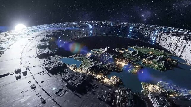Gigantic Futuristic Ringworld Megastructure Orbiting a Bright Sun.
