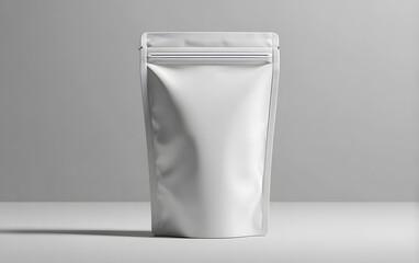 Sleek white stand-up pouch with resealable zipper, perfect for modern product packaging and branding mockups.