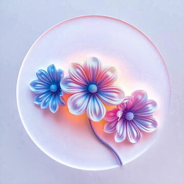 Pastellbl&uuml;ten im Kreis &ndash; 3D Blumen Illustration, Neon Floral Glow &ndash; Soft Gradient Flowers, Minimal Flower Art &ndash; Drei Bl&uuml;ten auf hellem Hintergrund