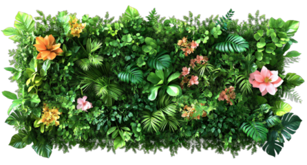 Vibrant green plant wall with various colorful flowers