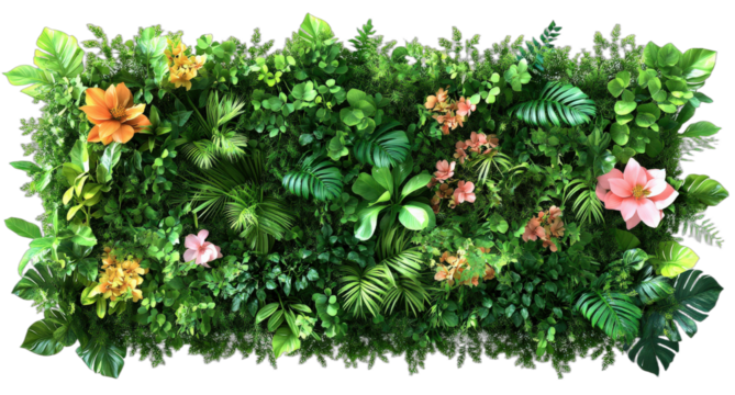 Vibrant green plant wall with various colorful flowers