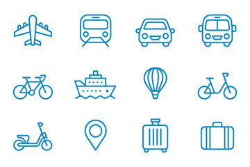 Transportation Travel Vector Icons Set Blue Outline Illustration White Background