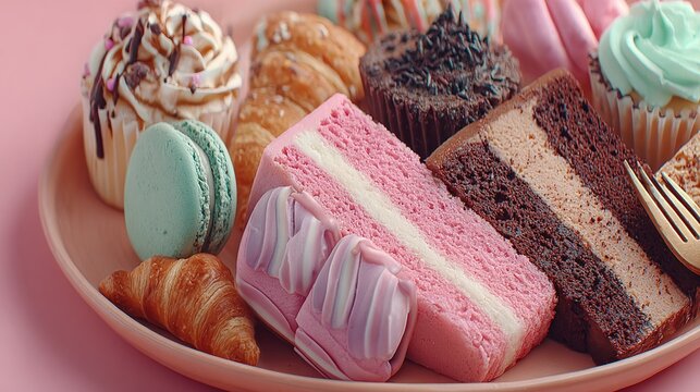 Plate of assorted sweets including cake cupcakes macarons and croissants on pink. - Powered by Adobe