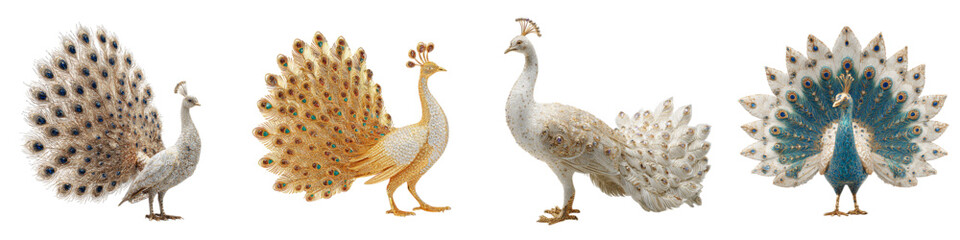 Obraz premium Elegant peacocks in various colors display their stunning plumage, ideal for sophisticated designs and illustrations with a touch of luxury and exotic beauty