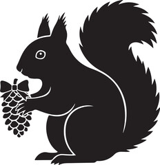 Black silhouette of a cute squirrel holding a pine cone decorated with a bow, a minimalist graphic icon representing nature, winter, or festive forest animals