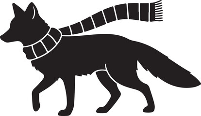 Black silhouette of a walking fox wearing a warm, striped winter scarf, a stylized animal illustration perfect for seasonal designs or a charming logo..