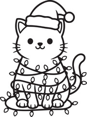 Cute Christmas Cat in Santa Hat Wrapped in Holiday Lights Black and White Line Art Illustration, Adorable Kitten with Festive String Lights Coloring Page