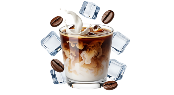 Iced coffee with milk splash and coffee beans floating refreshment drink