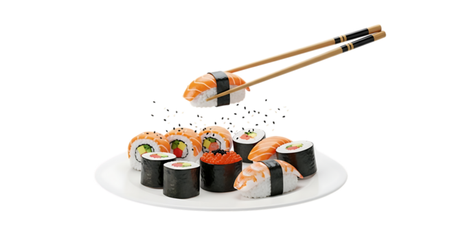 Sushi set on plate with chopsticks nigiri and maki Asian cuisine food - Powered by Adobe