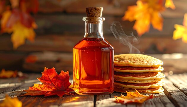 Autumn Breakfast: Maple Syrup, Pancakes, and Fall Leaves