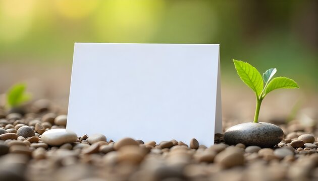 A small green plant growing in soil with a blank card nearby, illustrating themes of vision, motivation, and action planning