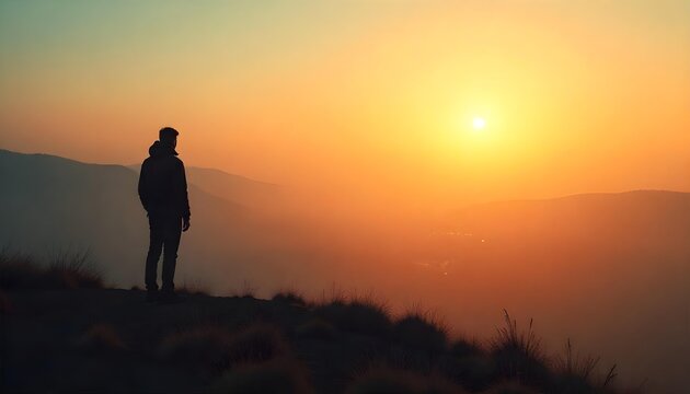 Man standing on a mountain peak at sunset, symbolizing achievement, inspiration, and goal setting for personal growth