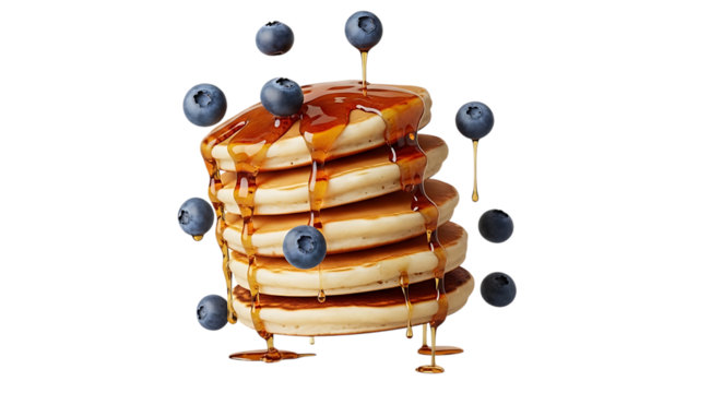 Stack of pancakes with blueberries and maple syrup against transparent area