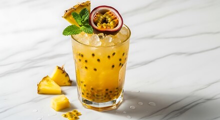 Refreshing Passion Fruit Cocktail with Pineapple and Mint Garnish.