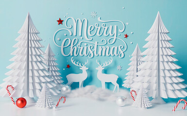 Merry Christmas Paper Trees Reindeer Scene