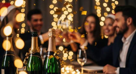 A festive corporate party scene with diverse people celebrating. Bottles of champagne are visible, and the background is decorated with sparkling lights.