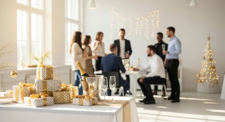 A corporate Christmas and New Year party with diverse people celebrating. A table with golden gift boxes and champagne glasses. A decorated Christmas tree in the background.