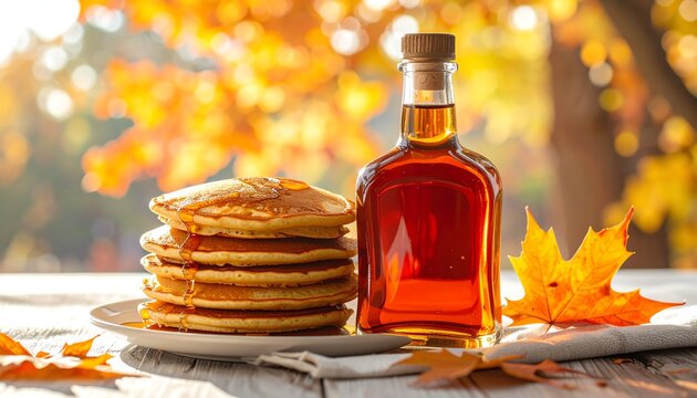 Stack of Pancakes with Maple Syrup Bottle and Autumn Leaves
